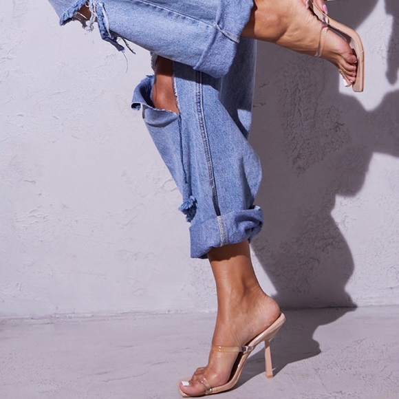 PrettyLittleThing Nude Square Toe Clear Strap Heels Mules Slip On Size 6 - Picture 2 of 13